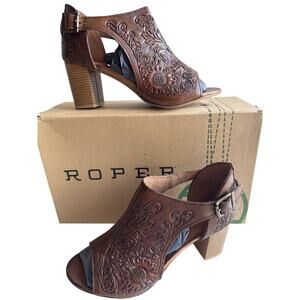 Roper Mika Mules Womens 9.5 Floral Tooled Leather Closed Back Buckle Peep Toe